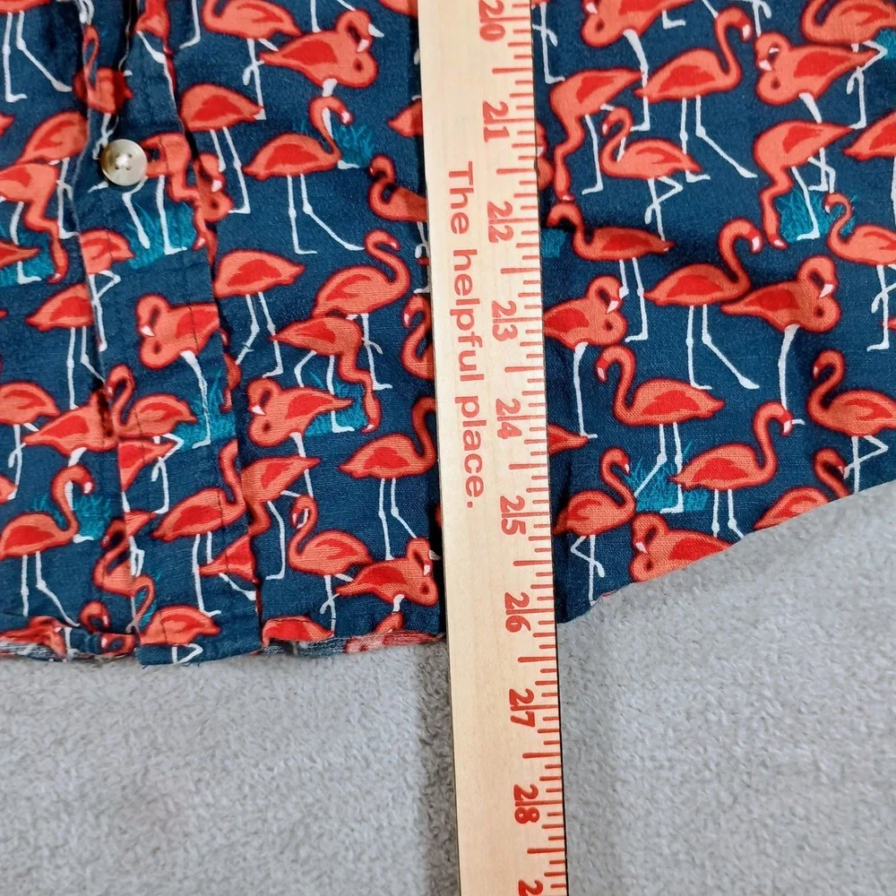 Banana Republic Mens Slim Fit Linen Flamingo Print Navy Blue Medium Short Sleeve